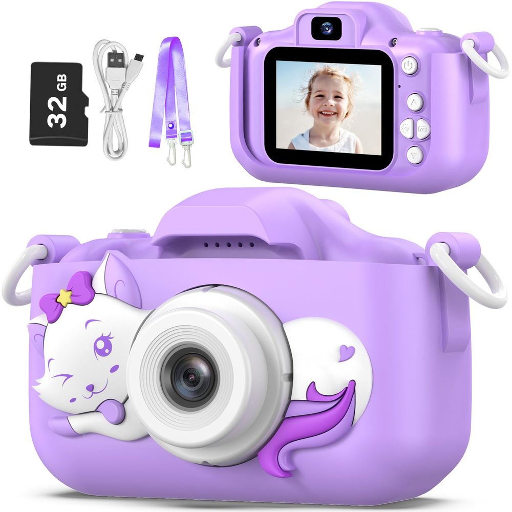 Goopow Kids Selfie Camera Toys for Girls Age 3-9, Digital Video Camera Toy with Protective Cover,Christmas Birthday Festival Gifts for 3-9 Year Old Girls Boys- 32GB SD Card Included