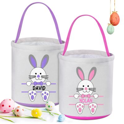 VAPCUFF 2 Pack Personalized Easter Basket with Name, Unisex Kids Easter Bunny Basket Bags, Canvas Material, Handle, Cartoon Pattern