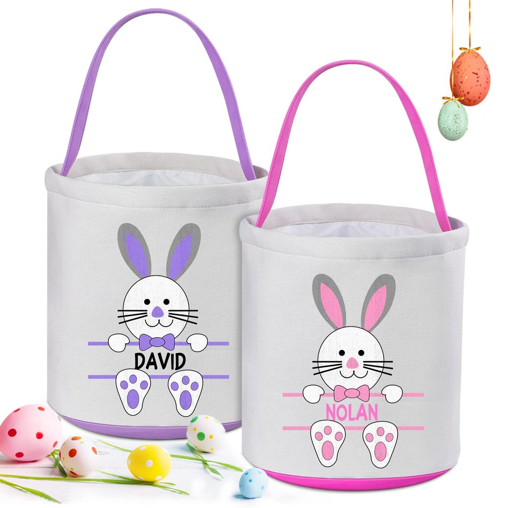 VAPCUFF 2 Pack Personalized Easter Basket with Name, Unisex Kids Easter Bunny Basket Bags, Canvas Material, Handle, Cartoon Pattern