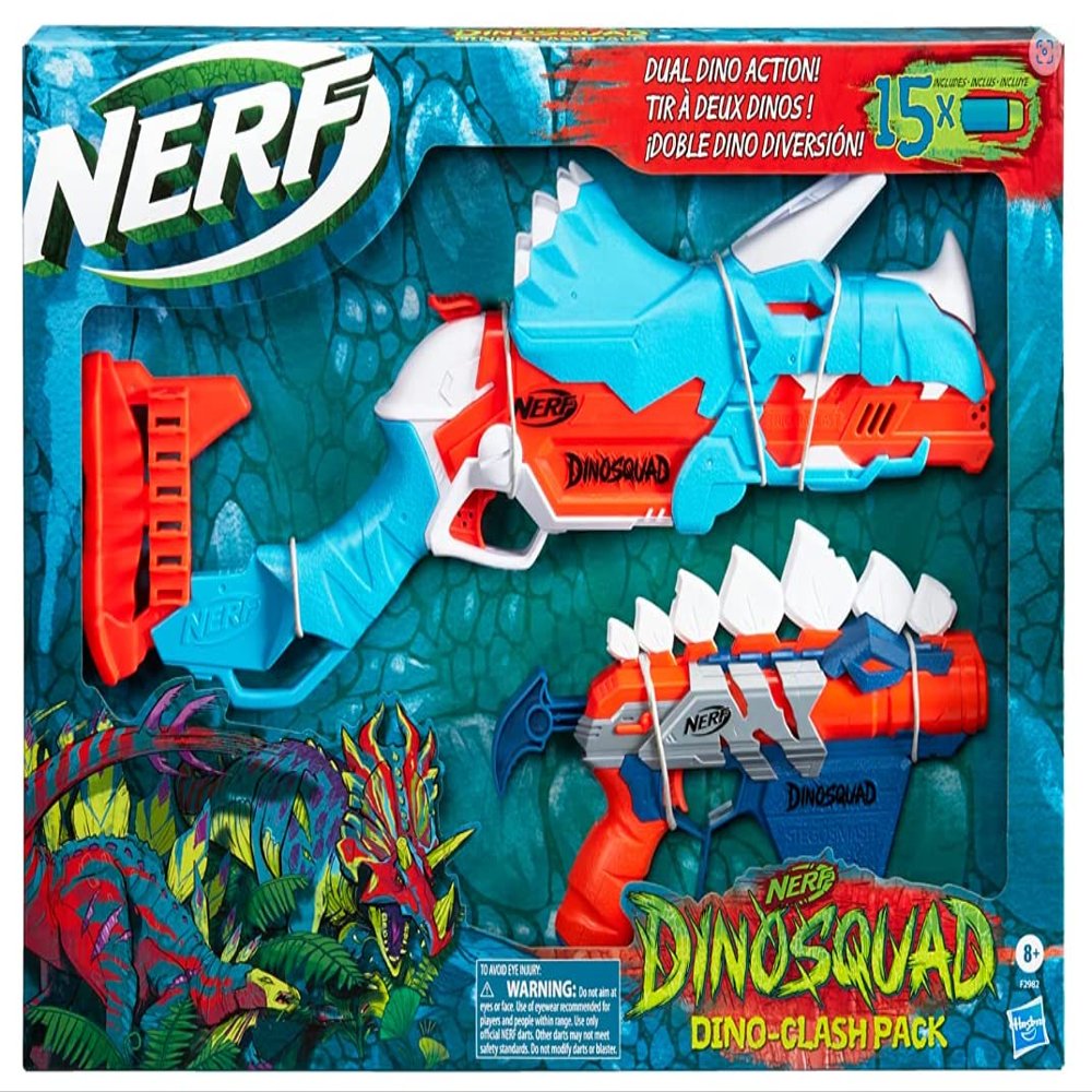 NERF DinoSquad Dino-Clash Pack, Includes 2 Blasters, 15 Elite Darts, Dart Storage, Triceratops and Stegosaurus Dinosaur Designs