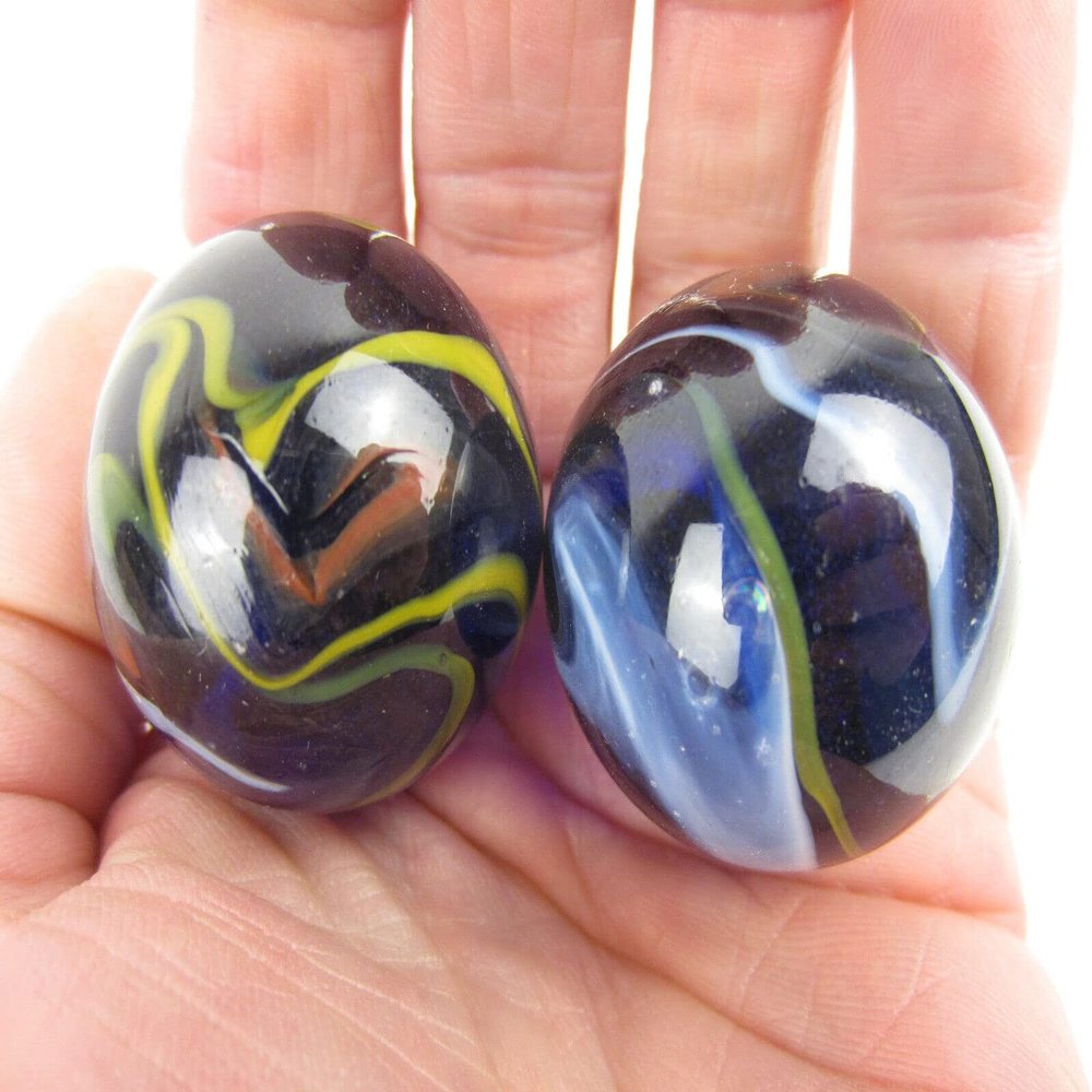 Big Game Toys~Set of 2 Starry Night 35mm Boulder Black/Blue/Red/Yellow/White Swirl Large Shooter Solid Glass Marbles Aquarium Decor