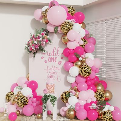 133Pcs Pink Leopard Print Balloon Garland Arch Kit Jungle Safari Cheetah Printed Balloon Arch Hot Pink Chrome Gold Balloons for Baby Shower Girls Wild One Birthday Party Decorations