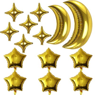 14 Pcs Star Foil Balloons Moon Balloons with 12 Pcs Gold Star and 2 Pcs Large Gold Moon Balloons for Baby Shower Christmas Anniversary Wedding Birthday Party Decoration