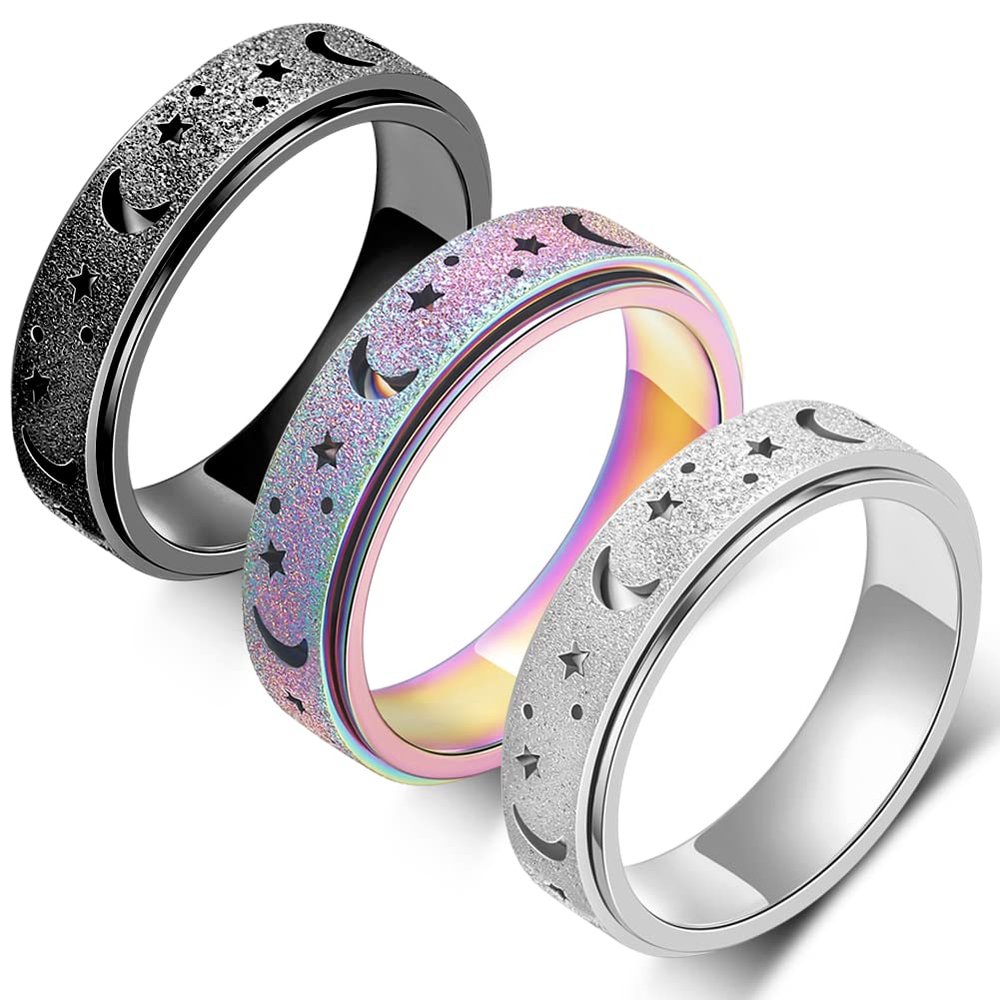 Fidget Toys Anxiety Ring for Women Stainless Steel Spinner Ring Fidget Rings Men Adult Silver Rainbow Black Color Pack Size 8