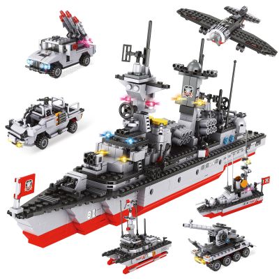 1296 Pieces City Police Set Aircraft Carrier Blocks Set, 6 in 1 Military Warship Battleship Building kit with Airplane, Boat, Cop Car, Tank, Creative Roleplay Ship Gift Toys for Kids Boys 6-12 Years