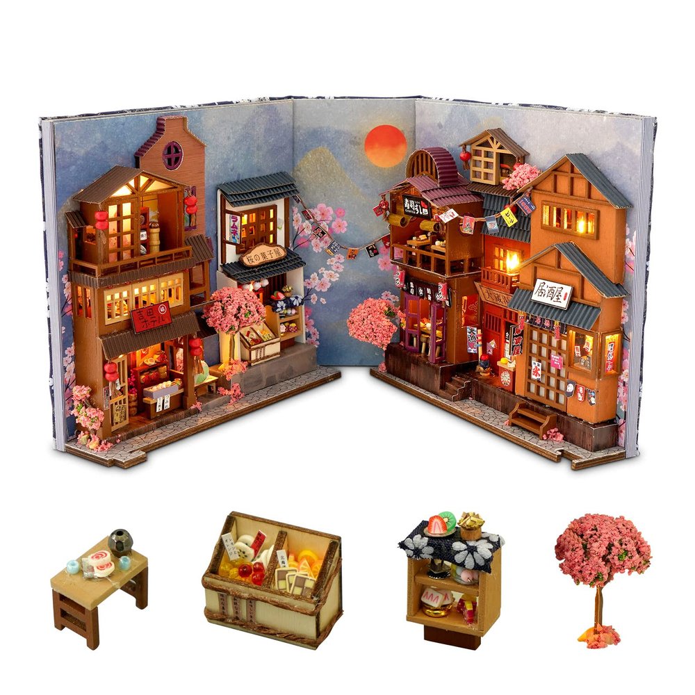 GuDoQi DIY Book Nook Kit, Dollhouse Wood Bookend, Booknook Bookshelf Insert, DIY Miniature Dollhouse Kit, Bookends Model Build for Adult, Gift for Birthday Christmas Day, Sakura Japan Corner