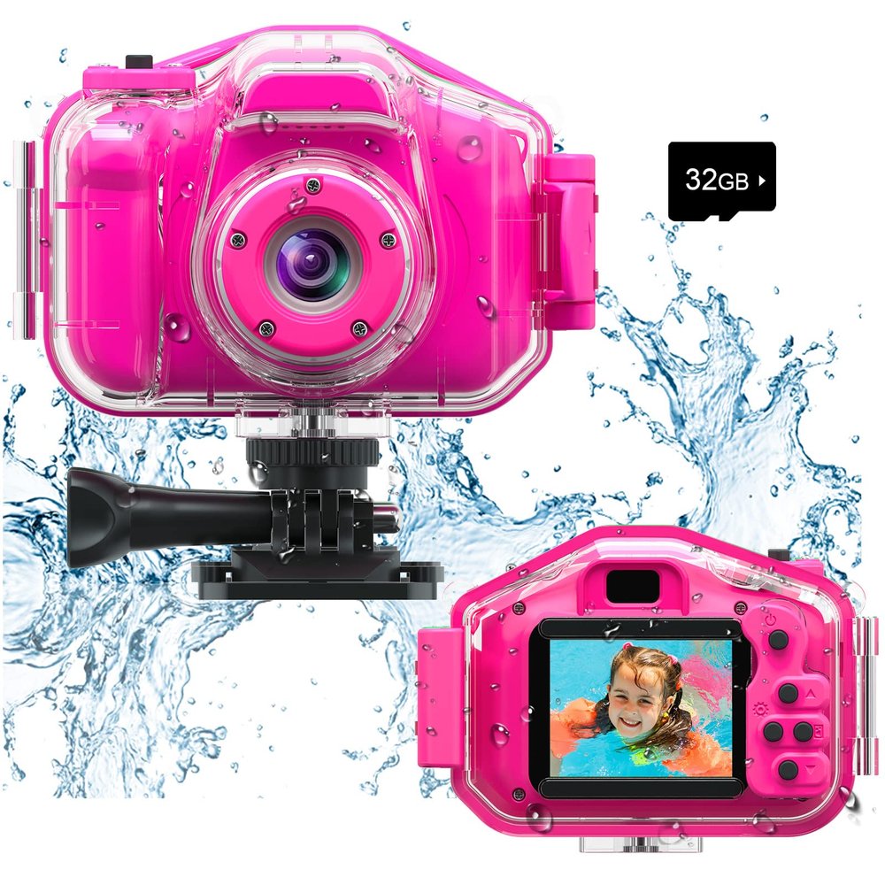 Agoigo Kids Waterproof Camera - Children Underwater HD Video Digital Camcorder, Portable Travel Toy for Toddler - Ideal Christmas Birthday Gifts for Boys Girls Age 3-12 with 32GB Card (Rose Red)