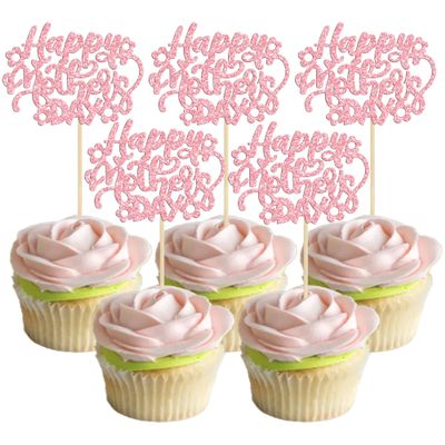 Gyufise 24Pcs Happy Mother's Day Cupcake Toppers Pink Glitter Flower Love Mother Best Mom Cupcake Picks for Happy Mother's Day Theme Women Birthday Party Cake Decorations Supplies