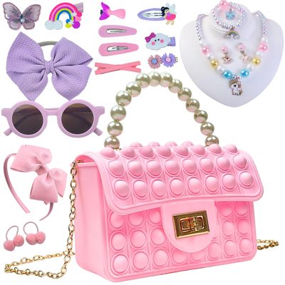 JAZD Pop Its Purse for Girls with Sunglasses, Unicorn Jewelry, Hair Bows & Clips - Little Girls' Princess Pretend Play Toy with Accessories, Ages 3-6