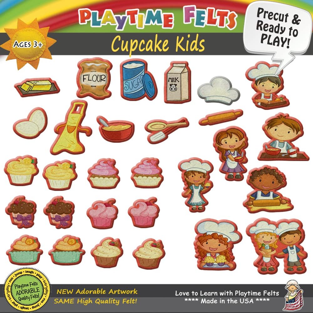 Playtime Felts Cupcake Kids Felt Story Set | 30 PRECUT & Ready to Play Colorful & Durable Felt Pieces for Toddlers, Preschool & Kindergarten | Reusable Felt Board Stories