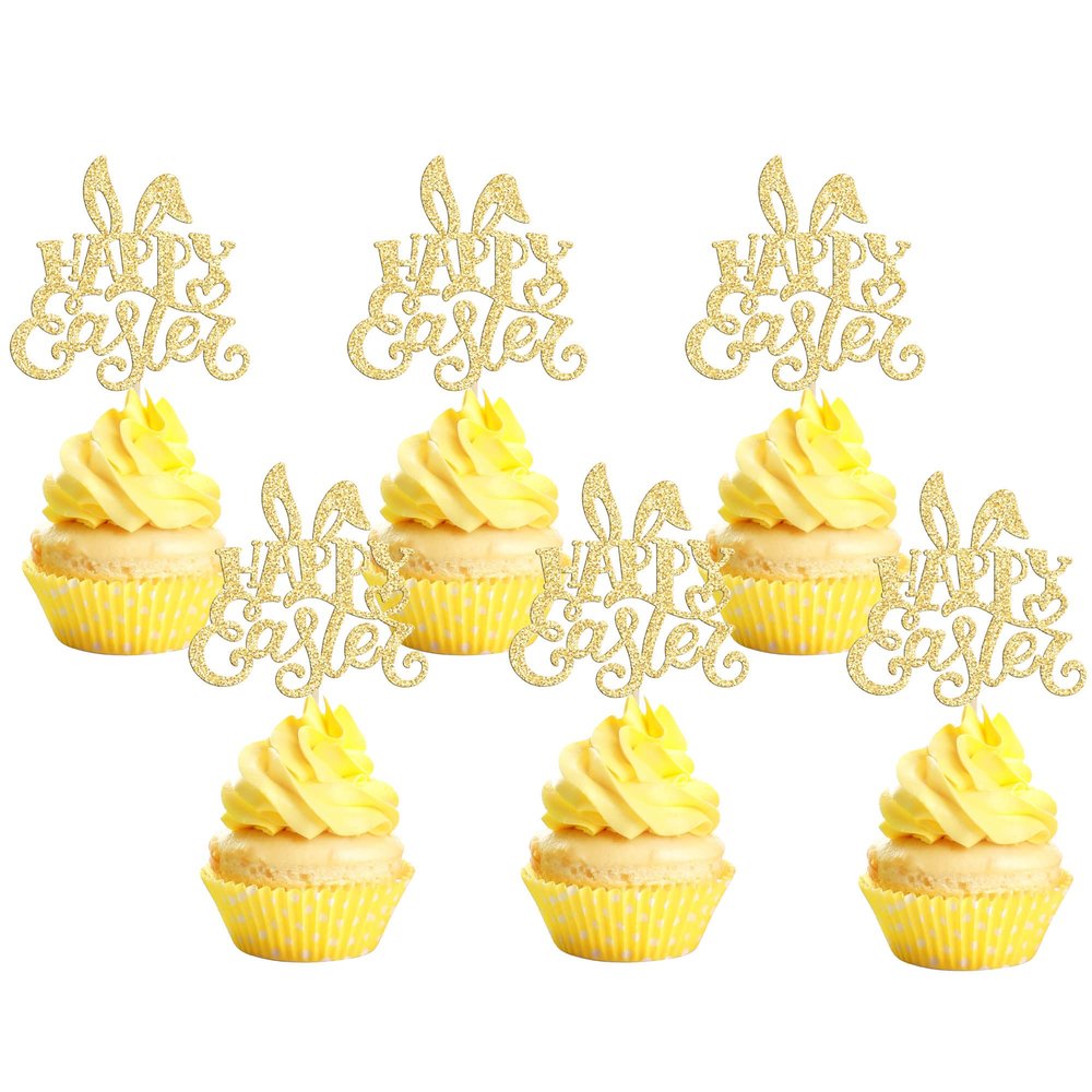 24pcs Happy Easter Cupcake Toppers - Gold Glitter Rabbit Cupcake Picks - Day Theme Baby Shower Kids Birthday Party Cake Decorations