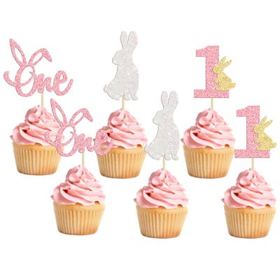 24Pcs Easter Bunny One Cupcake Toppers Some Bunny is One Birthday Decorations Pink Glitter Easter Cake Decorations Bunny Easter Theme Girl Spring Theme First Birthday Party Decorations