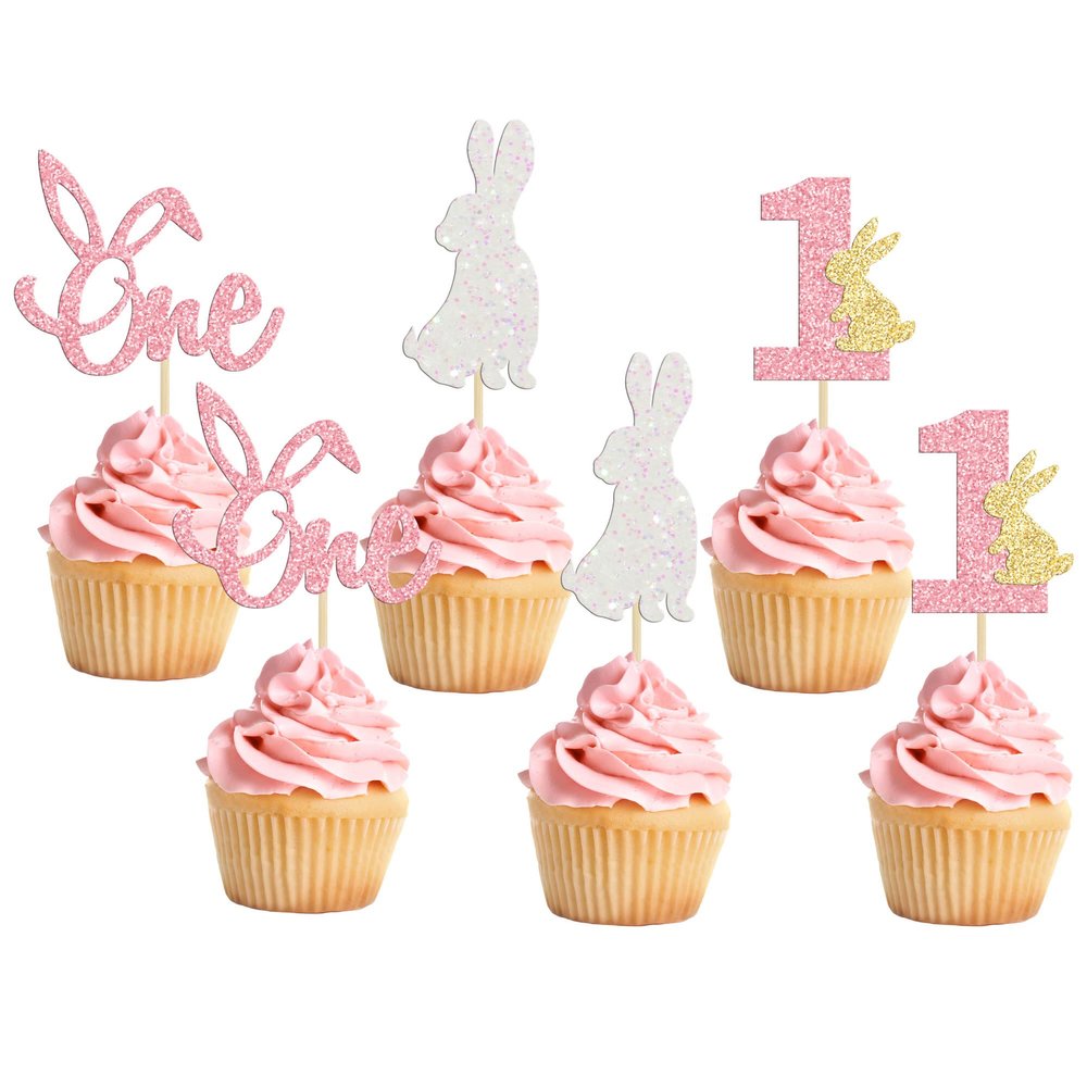 24Pcs Easter Bunny One Cupcake Toppers Some Bunny is One Birthday Decorations Pink Glitter Easter Cake Decorations Bunny Easter Theme Girl Spring Theme First Birthday Party Decorations