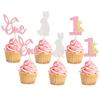 24Pcs Easter Bunny One Cupcake Toppers Some Bunny is One Birthday Decorations Pink Glitter Easter Cake Decorations Bunny Easter Theme Girl Spring Theme First Birthday Party Decorations view 1