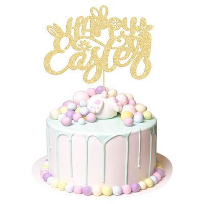 1Pc Happy Easter Cake Topper - Gold Glitter Rabbit Carrot Cake Picks - Bunny Decorations for Themed Baby Shower, Kids Birthday Party Supplies