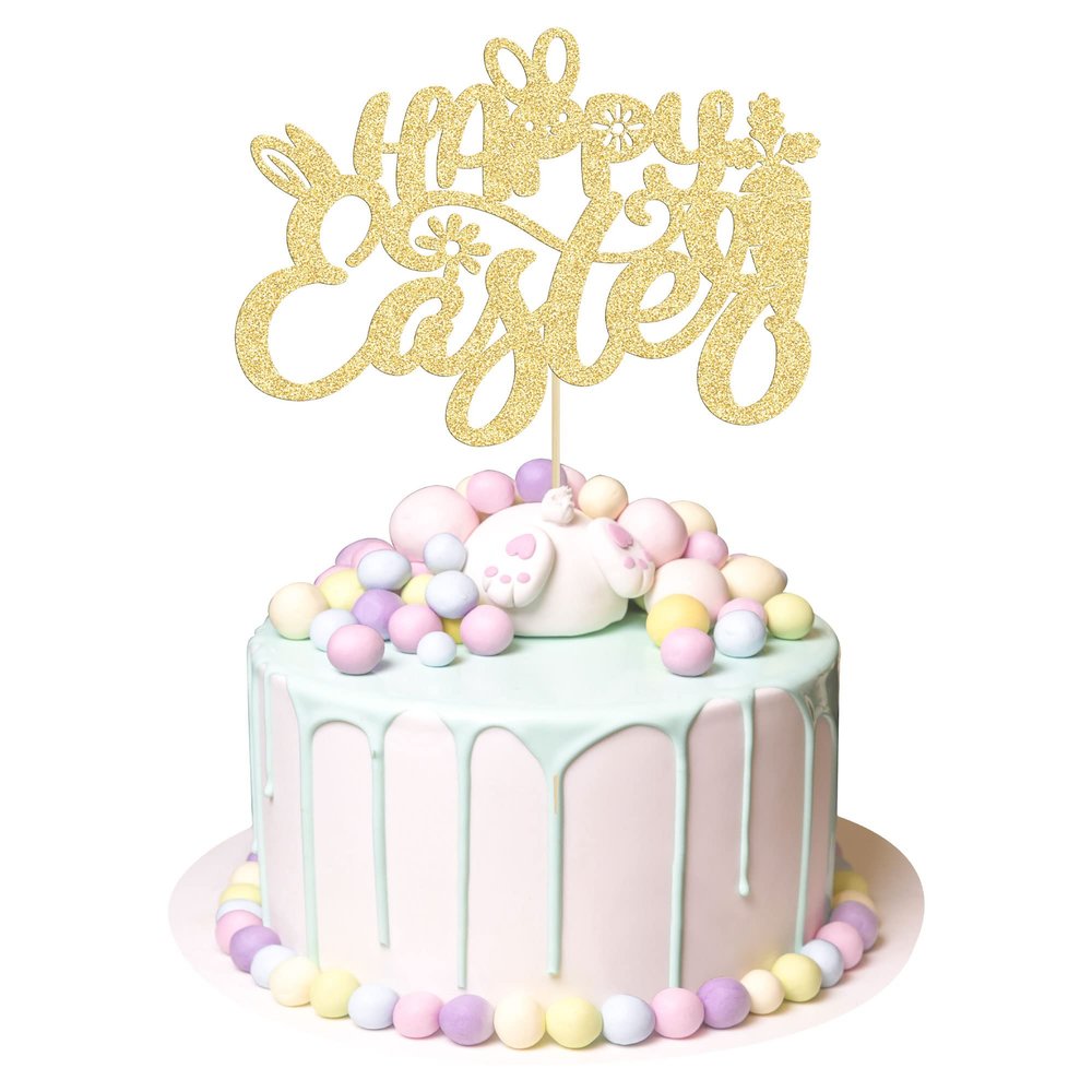 1Pc Happy Easter Cake Topper - Gold Glitter Rabbit Carrot Cake Picks - Bunny Decorations for Themed Baby Shower, Kids Birthday Party Supplies