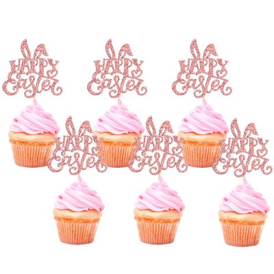 24pcs Happy Rose Gold Glitter Easter Rabbit Carrot Egg Cupcake Picks - Kids Birthday Party Cake Decorations
