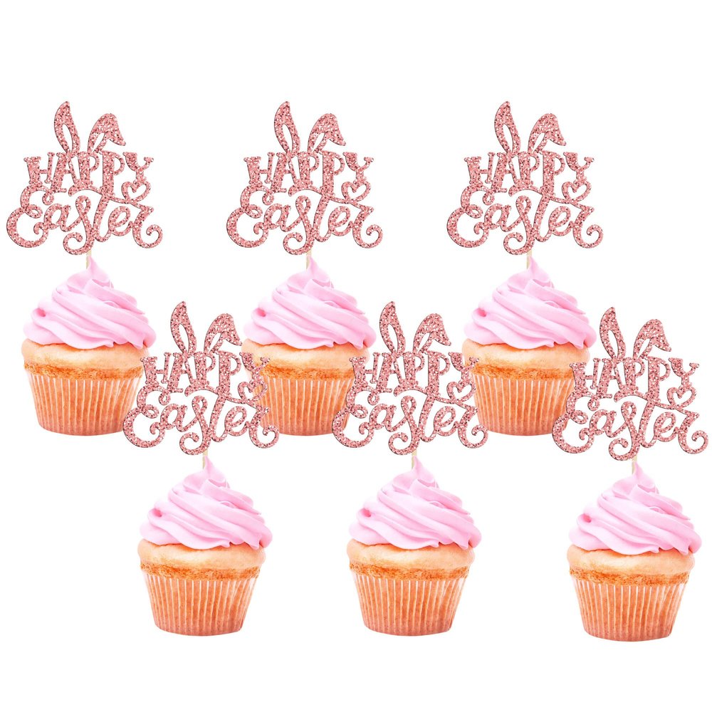 24pcs Happy Rose Gold Glitter Easter Rabbit Carrot Egg Cupcake Picks - Kids Birthday Party Cake Decorations