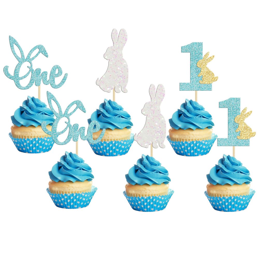 24Pcs Easter Bunny One Cupcake Toppers Some Bunny is One Birthday Decorations Blue Glitter Easter Cake Decorations Bunny Easter Theme Boy Spring Theme First Birthday Party Decorations