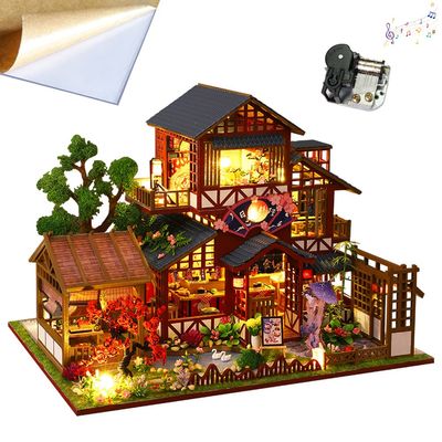 TOPBSFARNY 3D Wooden Assembly Dollhouse kit DIY Miniature Japanese Style Painting Style Courtyard Scene Building with Dust Cover and Music Creative Gift (P015-ZY)