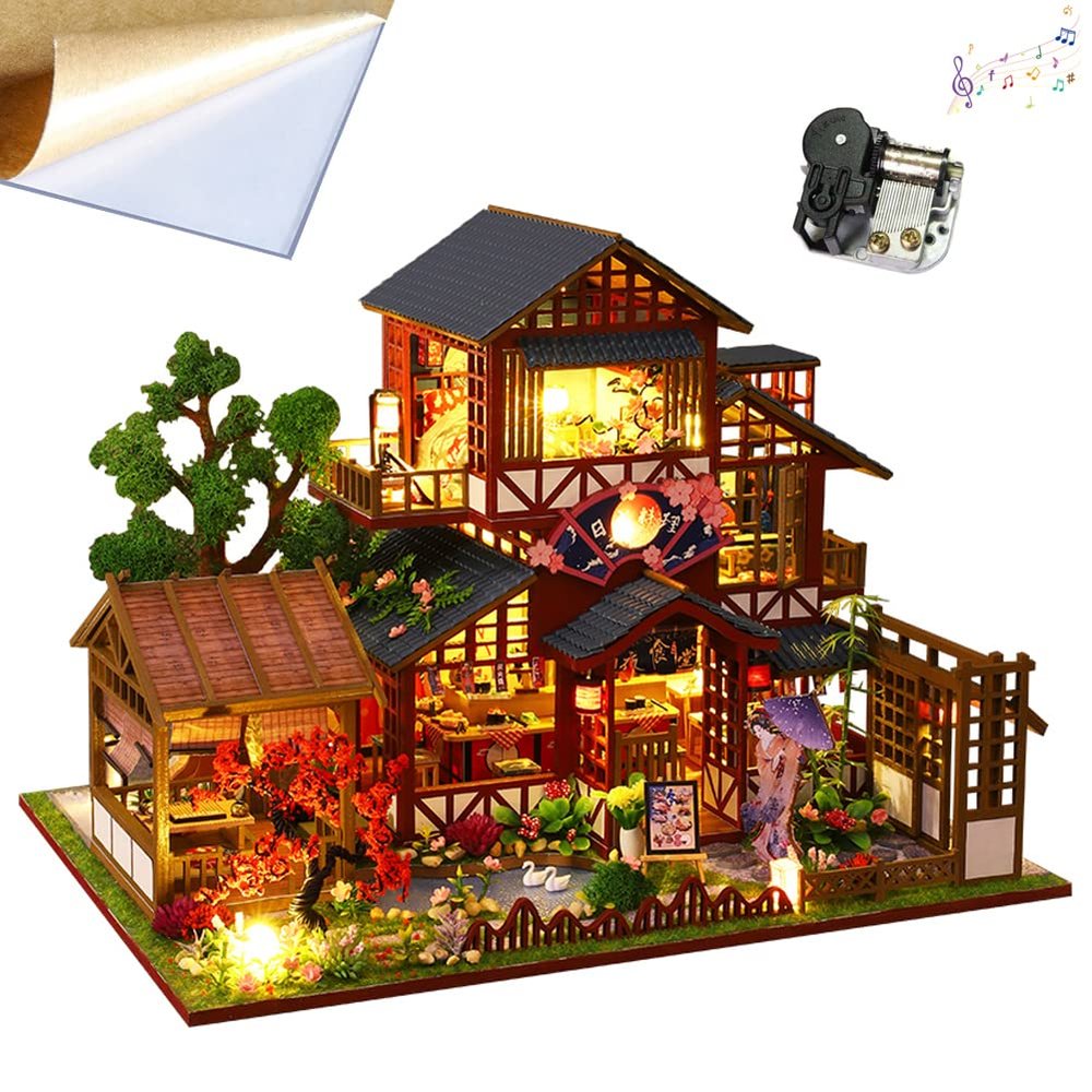 TOPBSFARNY 3D Wooden Assembly Dollhouse kit DIY Miniature Japanese Style Painting Style Courtyard Scene Building with Dust Cover and Music Creative Gift (P015-ZY)
