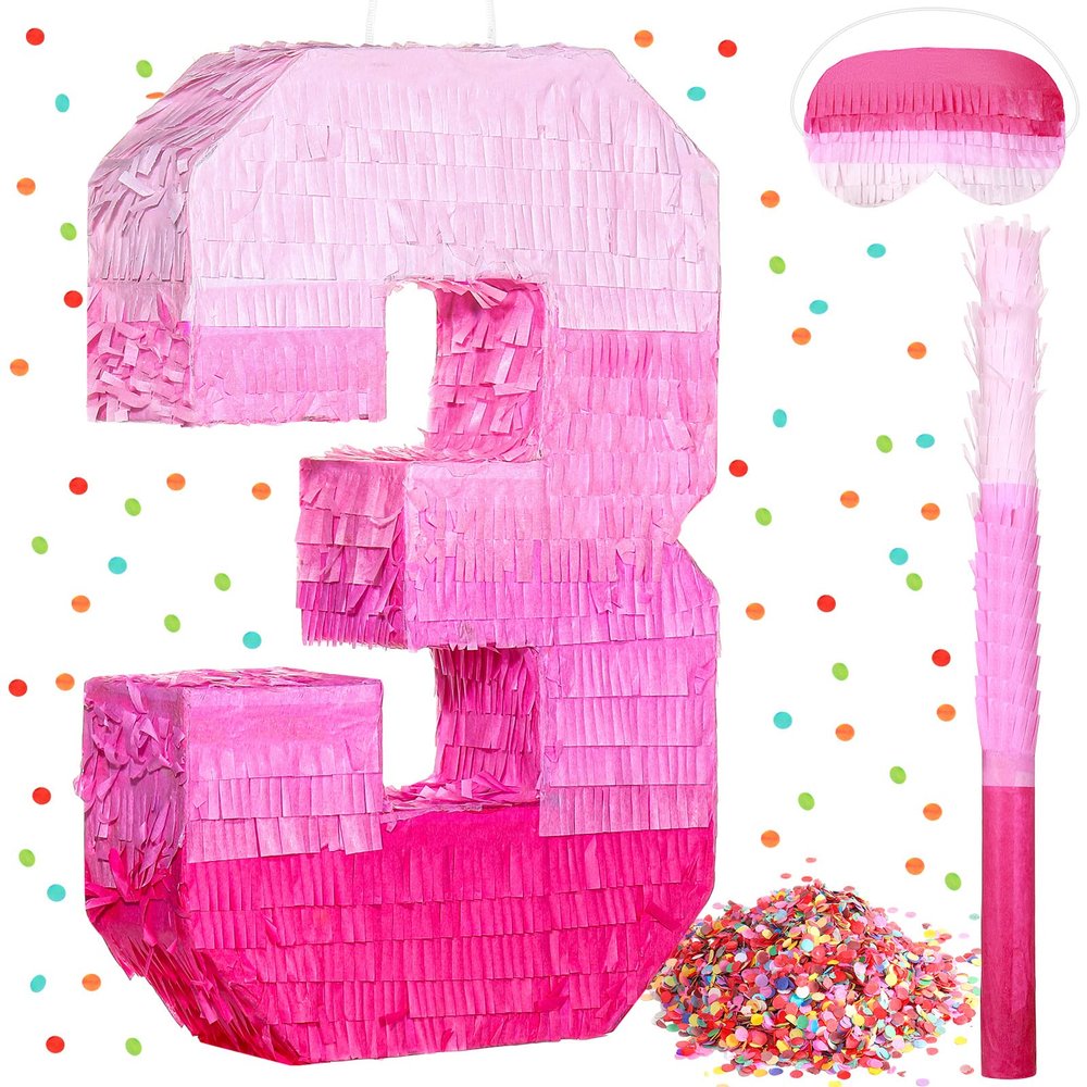 Sratte Number Piata Pink Piata Birthday Decorations Gradient with Stick Blindfold Confetti for Girls Boys Birthday Anniversary Party Decorations Supplies(Number 3)