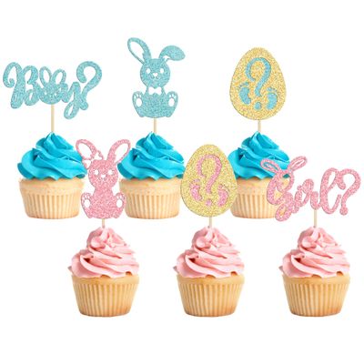 24pcs Gender Reveal Cupcake Toppers - Blue Pink Glitter Bunny Egg Cake Picks - Happy Easter Cake Decorations - Bunny Easter Theme Spring Theme Babyshower Birthday Party Decorations