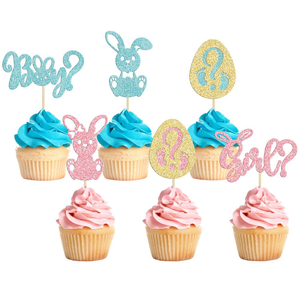 24pcs Gender Reveal Cupcake Toppers - Blue Pink Glitter Bunny Egg Cake Picks - Happy Easter Cake Decorations - Bunny Easter Theme Spring Theme Babyshower Birthday Party Decorations