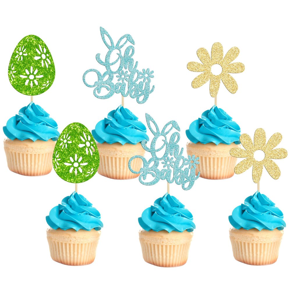 24 Pcs Oh Baby Cupcake Toppers - Blue Glitter Babyshower Cake Picks - Happy Easter Bunny & Spring Theme Boy Birthday Party Decorations