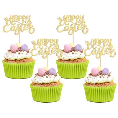 24pcs Happy Easter Cupcake Toppers - Gold Glitter Bunny Ear Cupcake Picks - Day Theme Baby Shower Kids Birthday Party Cake Decorations