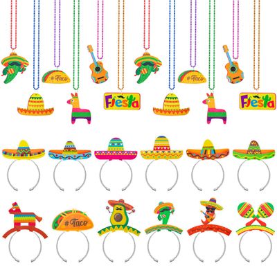 24PCS Cinco de Mayo Party Favors, 12PCS Cinco de Mayo Hats 12PCS Mexican Necklace, Fiesta Paper Hat Sombrero Metallic Felt Necklaces Bead, Cactus Maracas Decor for Mexican Carnival Party Supplies