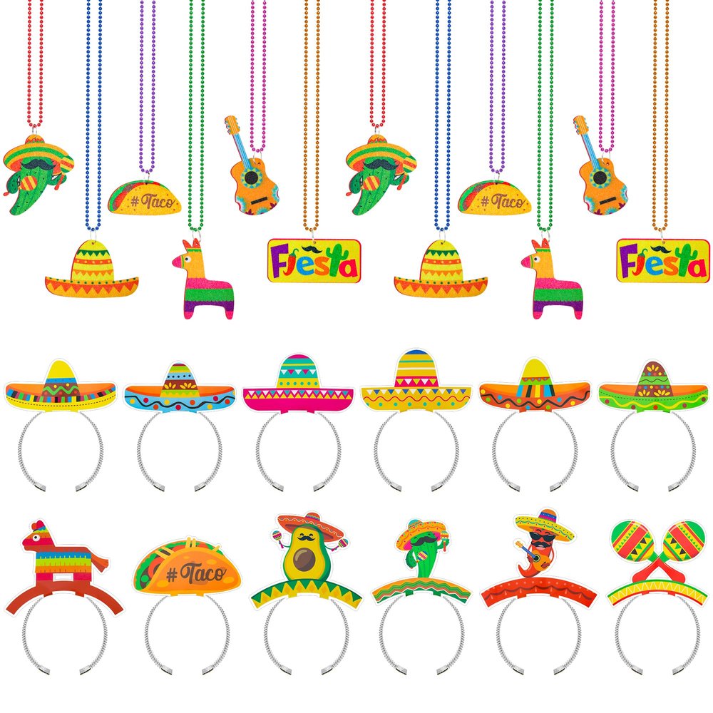 24PCS Cinco de Mayo Party Favors, 12PCS Cinco de Mayo Hats 12PCS Mexican Necklace, Fiesta Paper Hat Sombrero Metallic Felt Necklaces Bead, Cactus Maracas Decor for Mexican Carnival Party Supplies