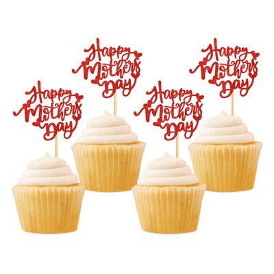 24Pcs Glitter Red Happy Mother's Day Cupcake Toppers Red Mother's Day Food Picks for Mother Grandma Birthday Cupcake Decorations Mother's Day Party Decorations