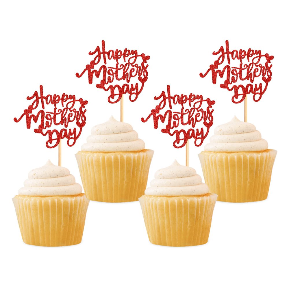24Pcs Glitter Red Happy Mother's Day Cupcake Toppers Red Mother's Day Food Picks for Mother Grandma Birthday Cupcake Decorations Mother's Day Party Decorations