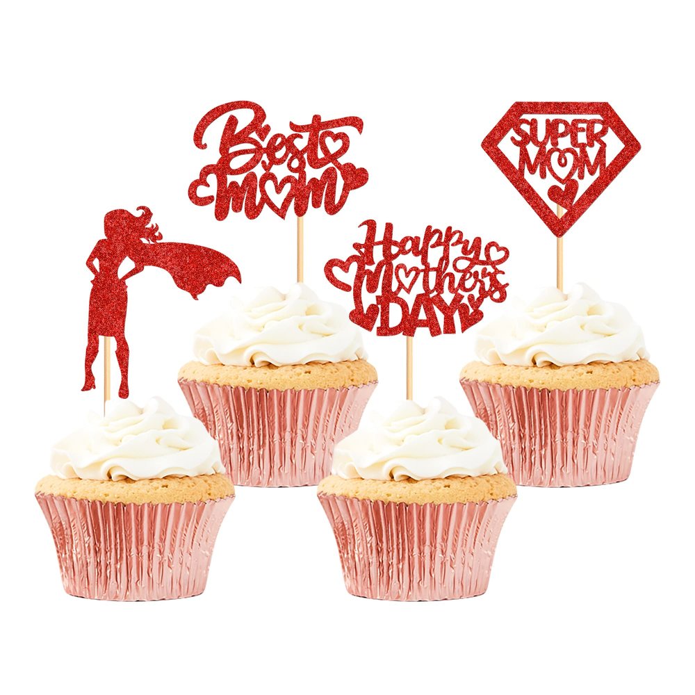 24Pcs Glitter Red Happy Mother's Day Cupcake Toppers Super Mom Best Mom Cupcake Picks for Happy Mother's Day Theme Mom's Birthday Party Cake Decorations
