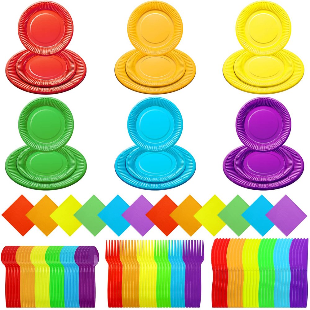 Karenhi 144 Pcs Rainbow Party Supply 7'' 9'' Paper Dinner Plates Colorful