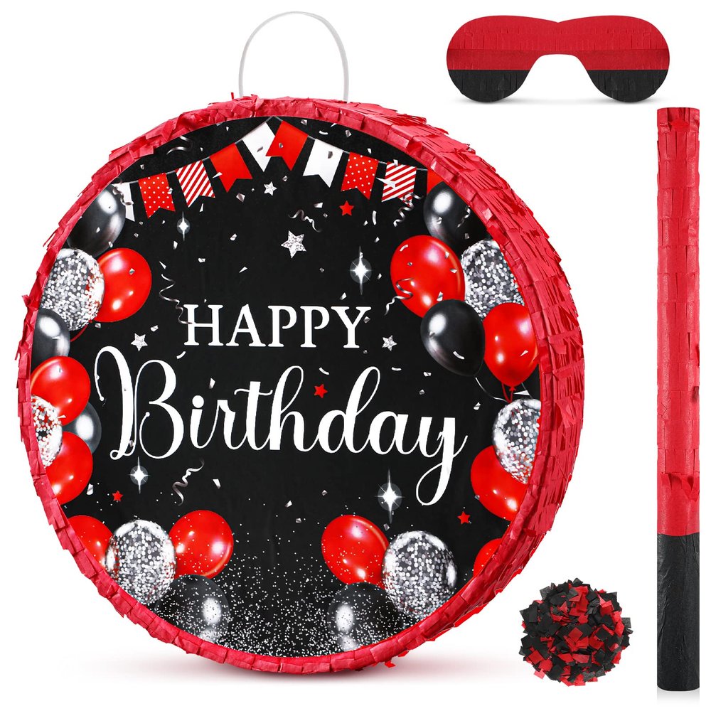Sinmoe Birthday Piata with Stick Blindfold and Confetti Large Piata for Adult Men Women Birthday Party Supplies Decoration Wedding Anniversary(Red and Black)