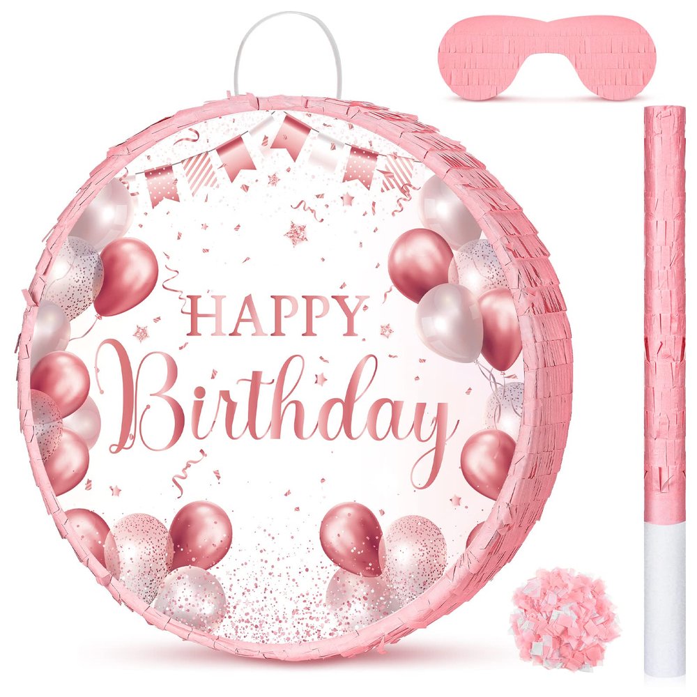 Sinmoe Birthday Piata with Stick Blindfold and Confetti Large Piata for Adult Men Women Birthday Party Supplies Decoration Wedding Anniversary(Rose Gold)