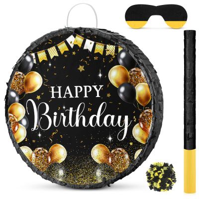 Sinmoe Birthday Piata with Stick Blindfold and Confetti Large Piata for Adult Men Women Birthday Party Supplies Decoration Wedding Anniversary(Black and Gold)