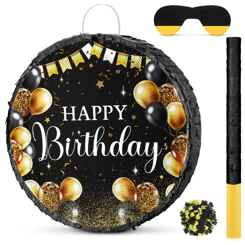 Sinmoe Birthday Piata with Stick Blindfold and Confetti Large Piata for Adult Men Women Birthday Party Supplies Decoration Wedding Anniversary(Black and Gold)