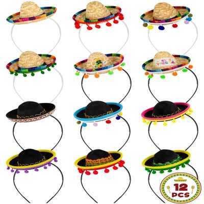 12 PCS Fabric Mini Mexican Hats with Ball Fringe - Fun Fiesta Cinco De Mayo Party Costume Decorations