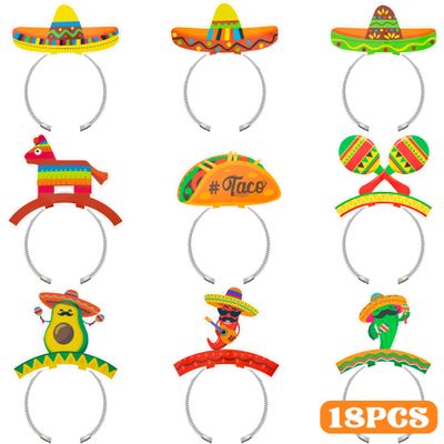 18 PCS Colorful Sombrero Party Hats, 9 Styles Mexican Cinco De Mayo Headbands for Women, Fiesta Costume Supplies
