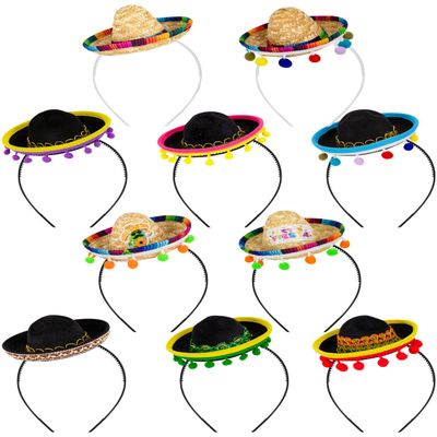 10 PCS Cinco De Mayo Party Decorations, Mini Sombrero Party Hats with Ball Fringe, Fabric Straw Fiesta Headbands Party Costume for Fun Fiesta Mexican Theme Decor Carnivals Festivals Party Favors