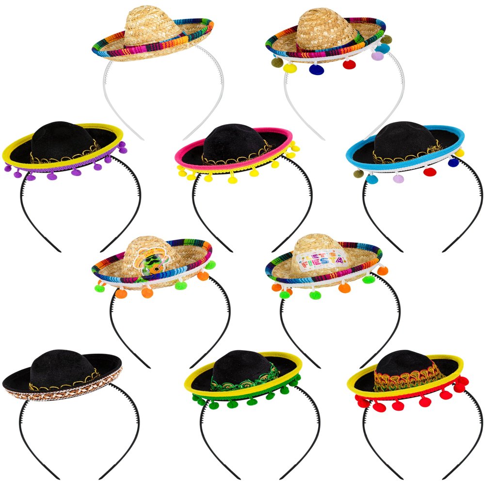 10 PCS Cinco De Mayo Party Decorations, Mini Sombrero Party Hats with Ball Fringe, Fabric Straw Fiesta Headbands Party Costume for Fun Fiesta Mexican Theme Decor Carnivals Festivals Party Favors