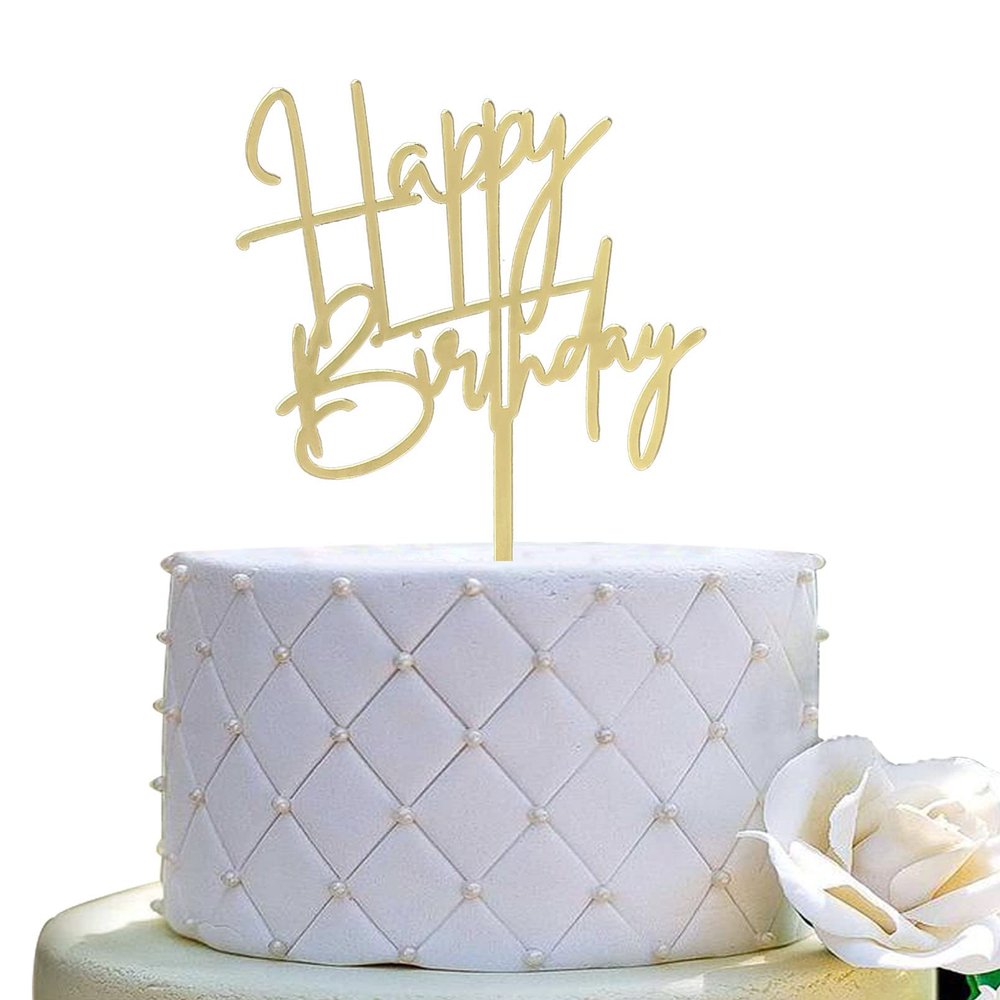 Happy Birthday Cake Topper - Birthday Party Decoration, Mirror Gold Acrylic