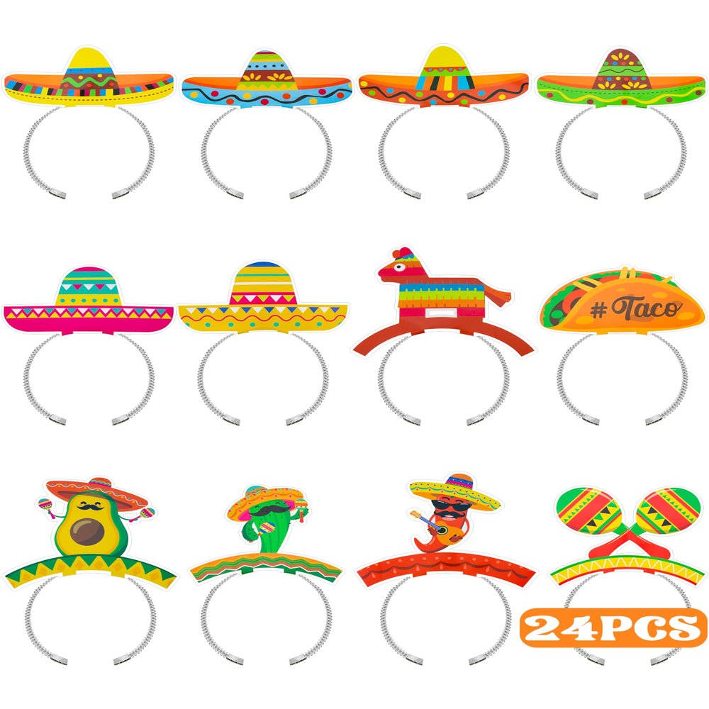 24 PCS Cinco De Mayo Party Supplies, 12 Styles Cinco de Mayo Hats, Colorful Pattern Mexican Cardboard Sombrero Hat for Women, Fiesta Cactus Maracas Accessories for Mexican Carnival Party Supplies