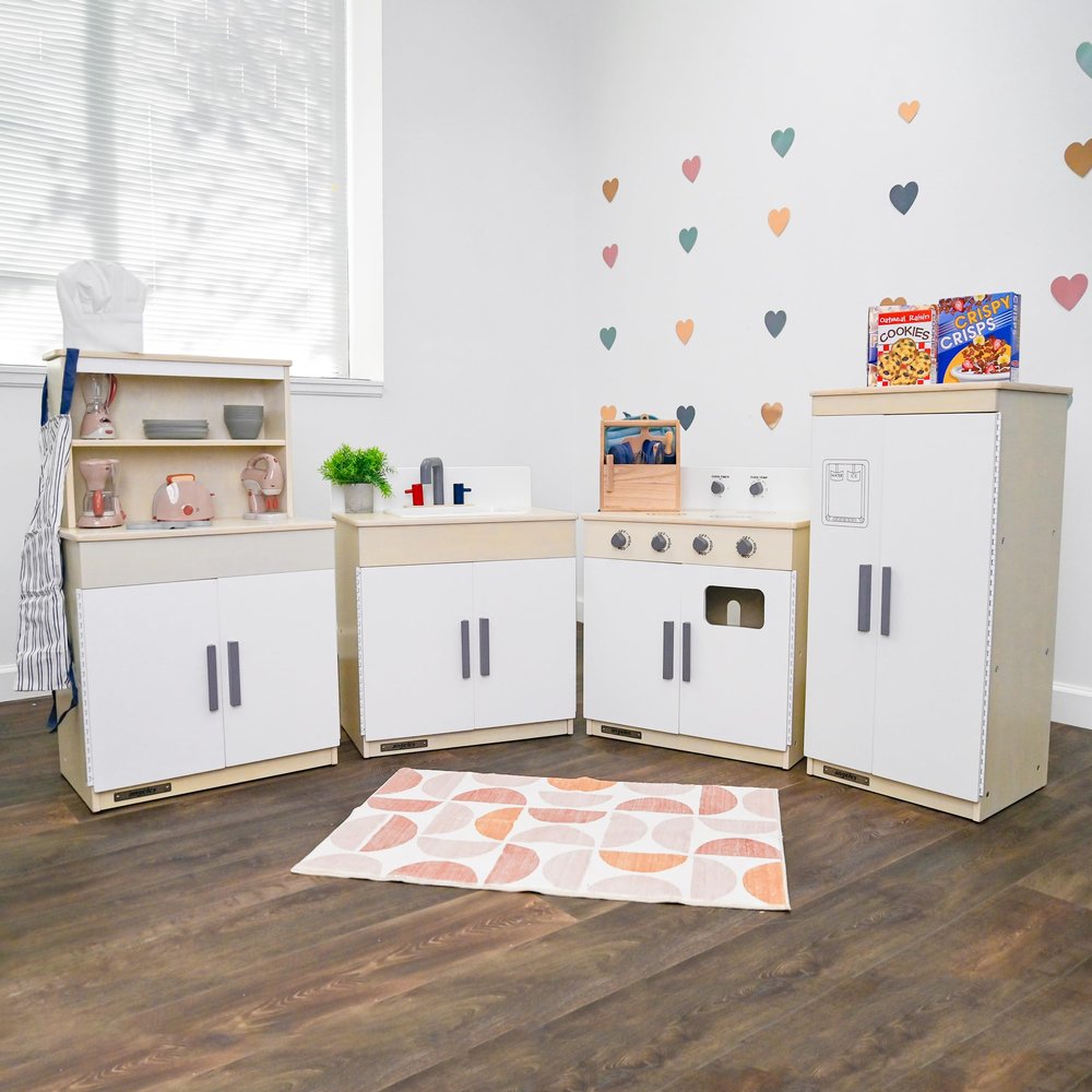 Childrens Factory Wooden 4-Piece Kitchen Set - Kids & Toddlers Pretend Fridge - Realistic Design & Feature - Pre-School Furniture for Classroom or Playroom - Assembly Required