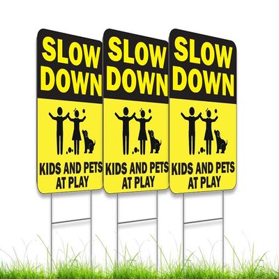 8x12 Inch Pack of 3 Slow Down Sign - Kids & Pets at Play Sign for Street Neighborhoods - Double-Sided Kids At Play Plastic Signs For Street with Metal H Stake - Children At Play Safety Signs