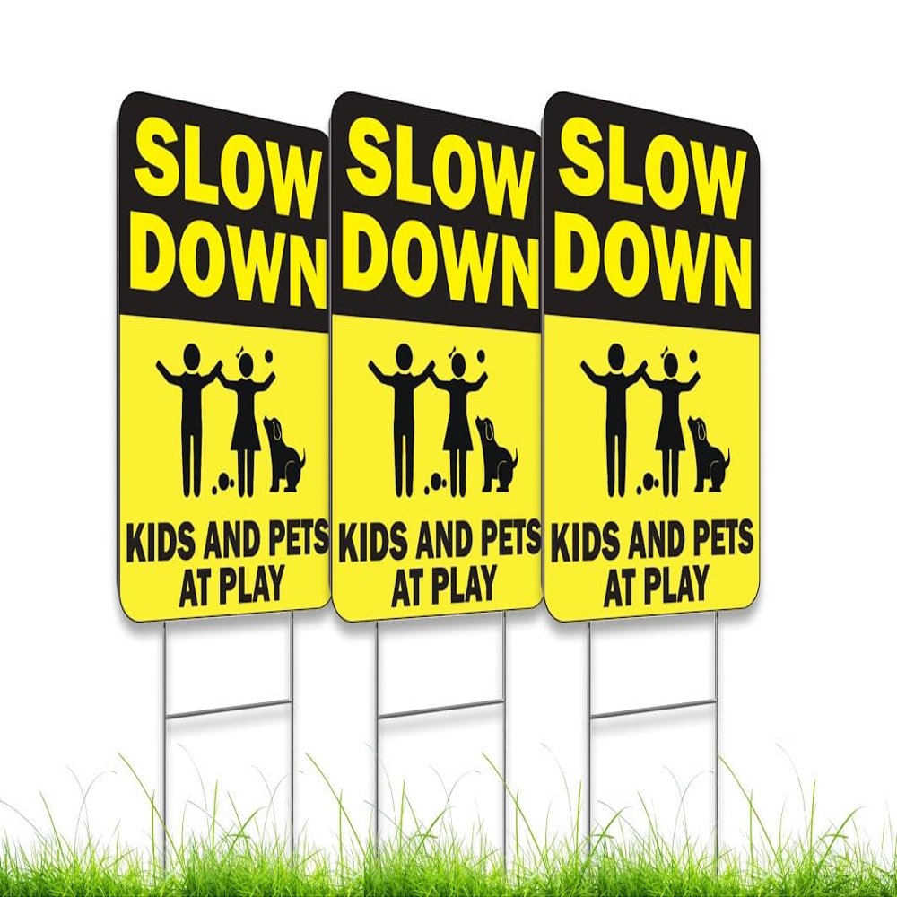 8x12 Inch Pack of 3 Slow Down Sign - Kids & Pets at Play Sign for Street Neighborhoods - Double-Sided Kids At Play Plastic Signs For Street with Metal H Stake - Children At Play Safety Signs