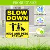 8x12 Inch Pack of 3 Slow Down Sign - Kids & Pets at Play Sign for Street Neighborhoods - Double-Sided Kids At Play Plastic Signs For Street with Metal H Stake - Children At Play Safety Signs view 2
